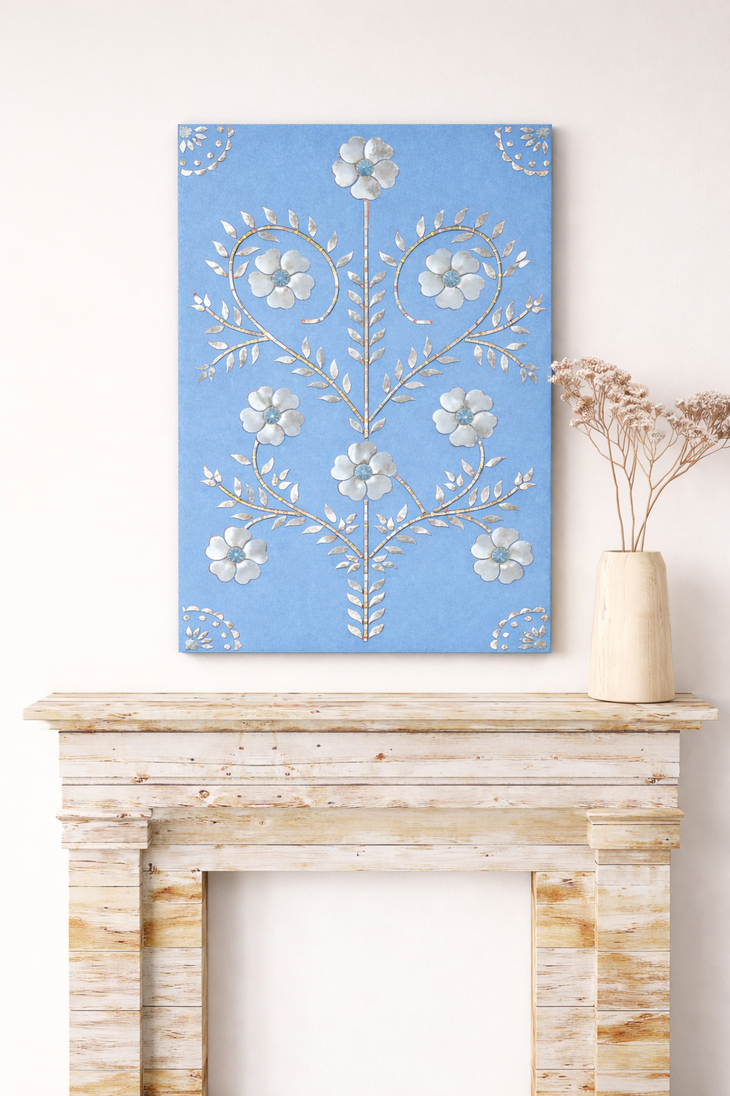 Elegant floral mirror wall panel with intricate silver mirror flower detailing and handcrafted decorative border design.

