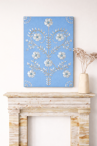 Elegant floral mirror wall panel with intricate silver mirror flower detailing and handcrafted decorative border design.
