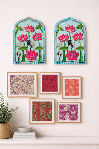 Arch shape MDF lotus floral cutout design with layered lotus flowers and bud pattern, perfect for Lippan art, mirror work, wall decoration and DIY craft projects.