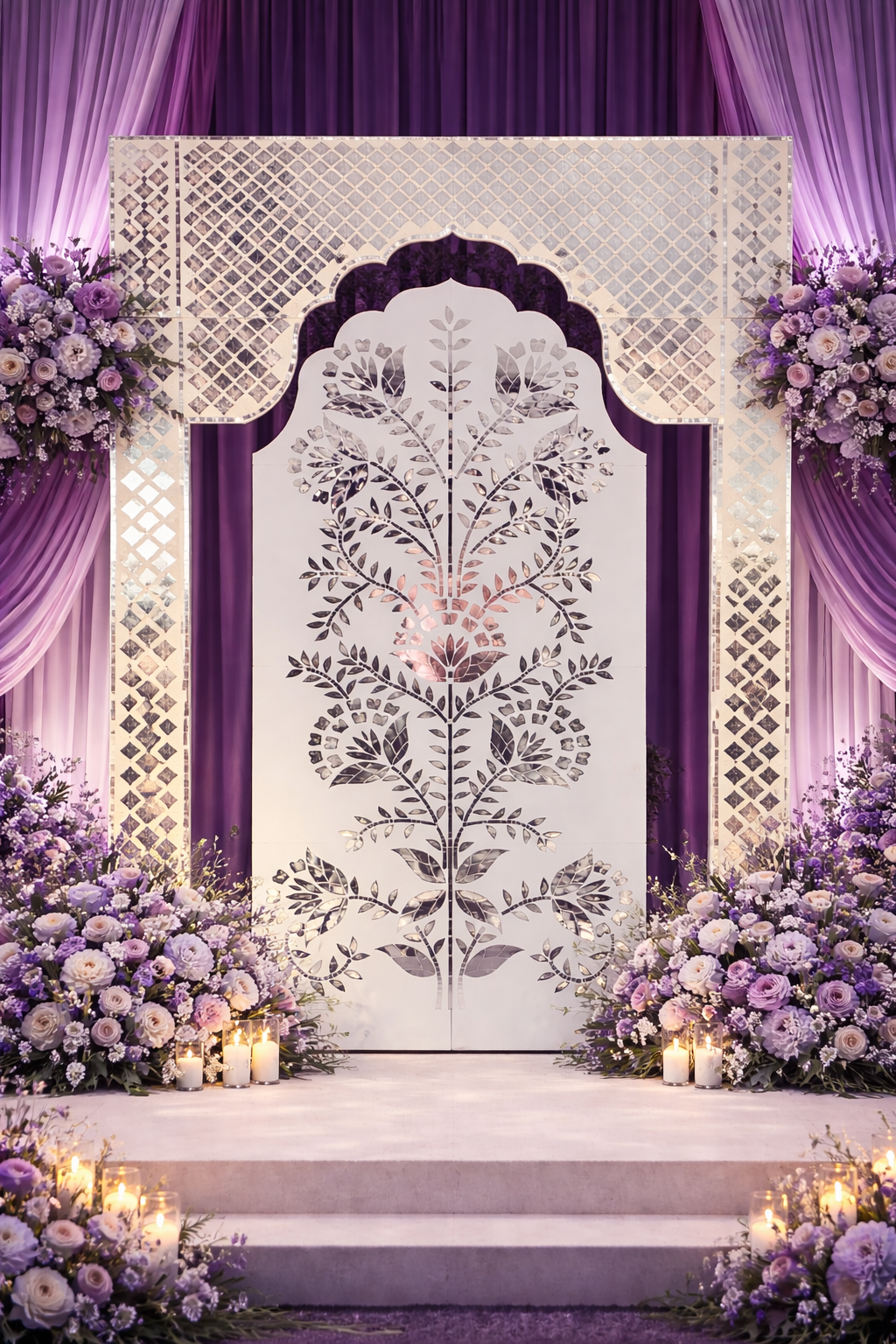 Traditional floral mirror arch panel with intricate silver mirror border detailing and elegant handcrafted design.
