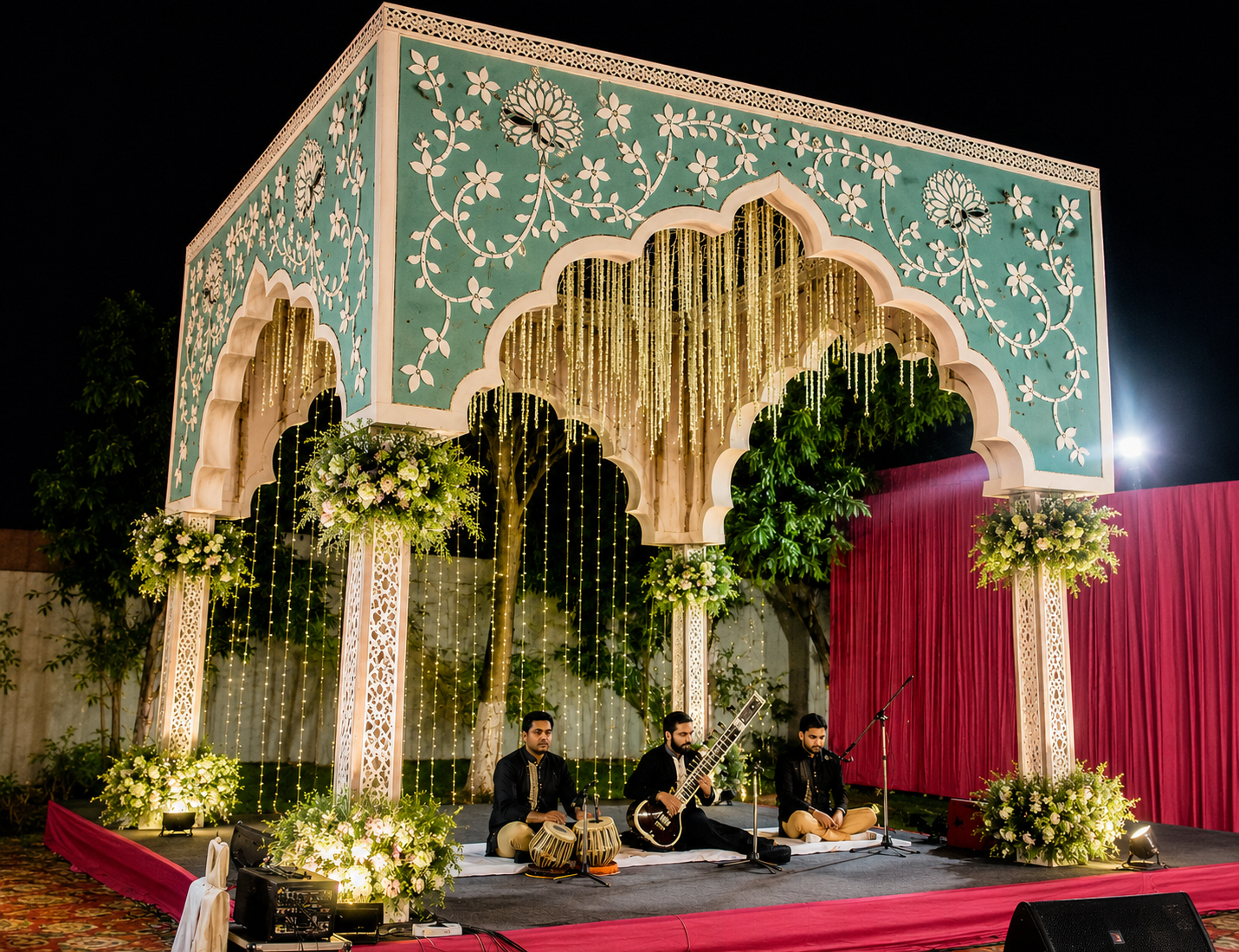 Decorative green floral corner mirror panels with elegant peacock and vine mirror artwork for wedding décor and luxury wall styling.
