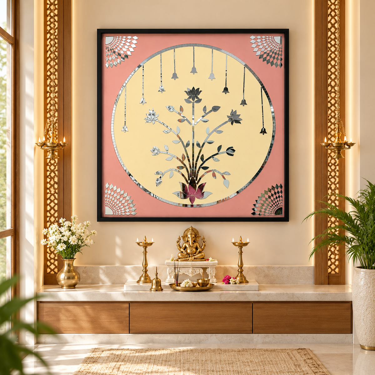 Square and round with tree unique Mirror Panel for Home Decor –  (Mirror & Stencil Included) – 1369