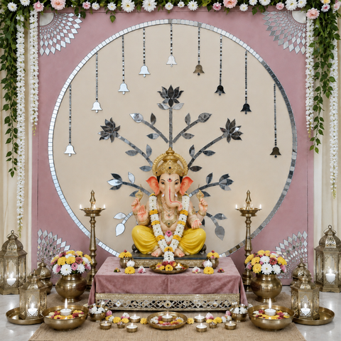 Lotus Bell Mirror Work Decorative Backdrop (Ready Piece)4*4 Feet - BAPS-62