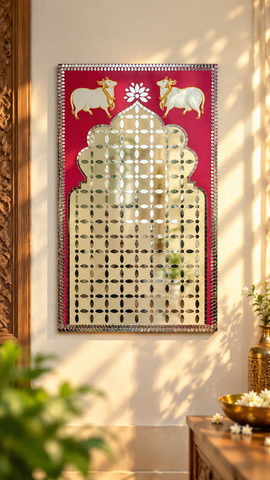 Traditional Cow Motif Mirror Work Ready Backdrop Panel – Decorative Wall Art 20 * 30 INCH - BAPS-85