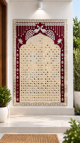 Peacock & Lotus Arch Mirror Work MDF Backdrop (Ready Piece)6 * 8 FEET - BAPS-74