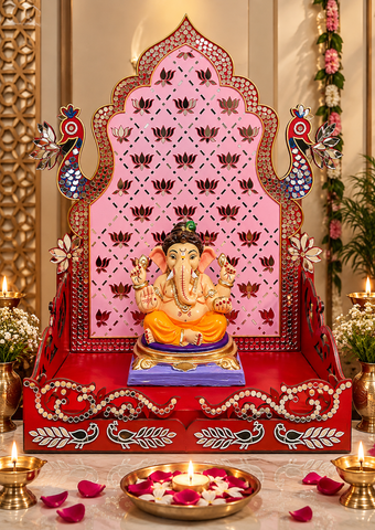 Lotus Peacock Mirror Work Singhasan (Ready Piece)26*19 inch - BAPS-55
