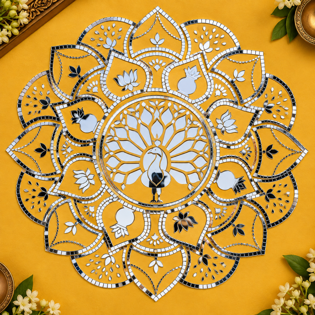Peacock Mirror Rangoli on Transparent Paper – Ready Made Decorative Mirror Art ST-40