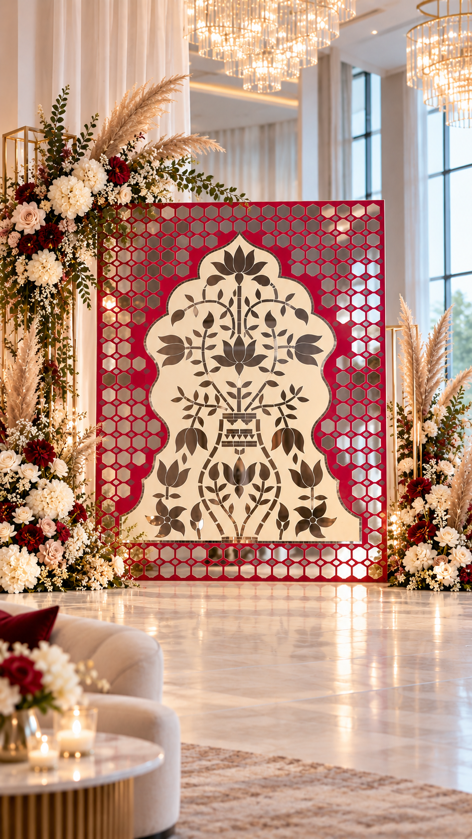 Lotus Kalash Jharokha Mirror Work Decorative Panel (Ready Piece)4*5 Feet- BAPS-38