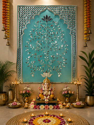 Lotus Tree Mirror Work Ready Wall Décor Panel – Decorative Backdrop Art 4 * 5 FEET & 4 * 4.5 FEET(Ready Piece)- BAPS-83