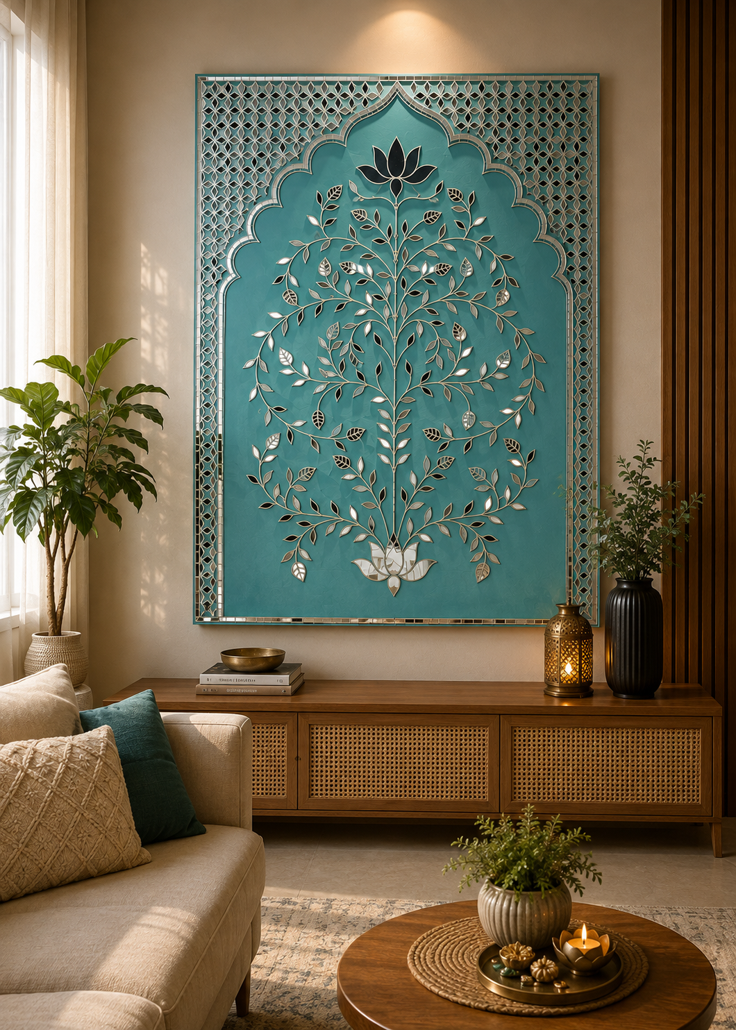 Lotus Tree Mirror Work Ready Wall Décor Panel – Decorative Backdrop Art 4 * 5 FEET & 4 * 4.5 FEET(Ready Piece)- BAPS-83