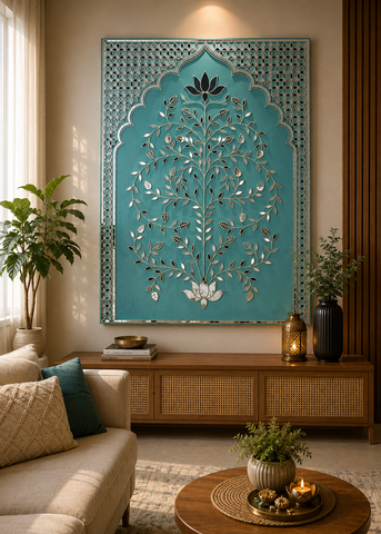 Lotus Tree Mirror Work Ready Wall Décor Panel – Decorative Backdrop Art 4 * 5 FEET & 4 * 4.5 FEET(Ready Piece)- BAPS-83