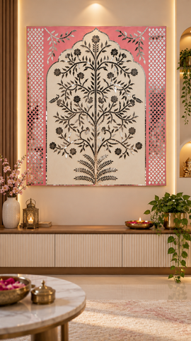 Ready Floral Tree Mirror Work Wall Panel with Geometric Border (Ready Piece) 5 * 5 feet- BAPS-77