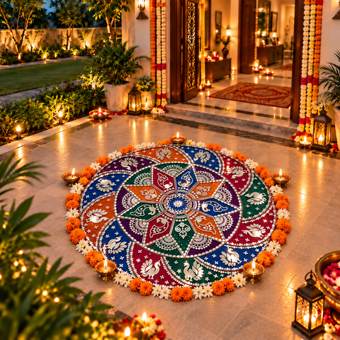 30 Inch DIY Mirror Rangoli Kit with Pre-Marked Transparent Sheet & Matching Mirror Pieces – Round Peacock Design