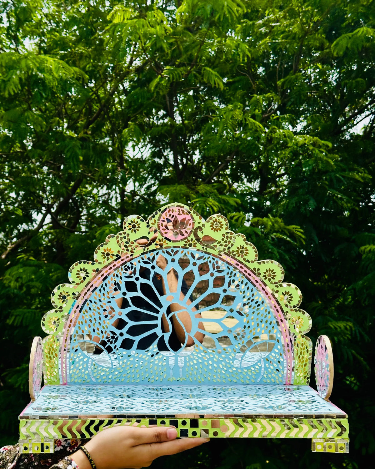 Mayur Lotus Mirror Work Singhasan (Ready Piece) - BAPS-52