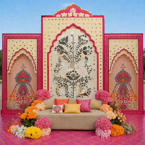 Premium Floral Jharokha Mirror Backdrop (Only Mirror & Stencil) for Wedding  & Event Decor-1449