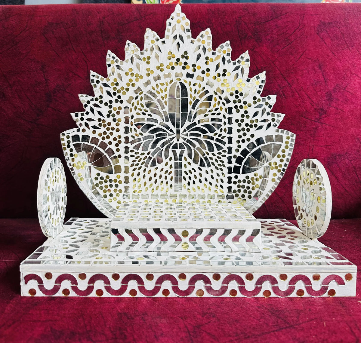 Lotus Peacock Mirror Work Singhasan (Ready Piece) - BAPS-48