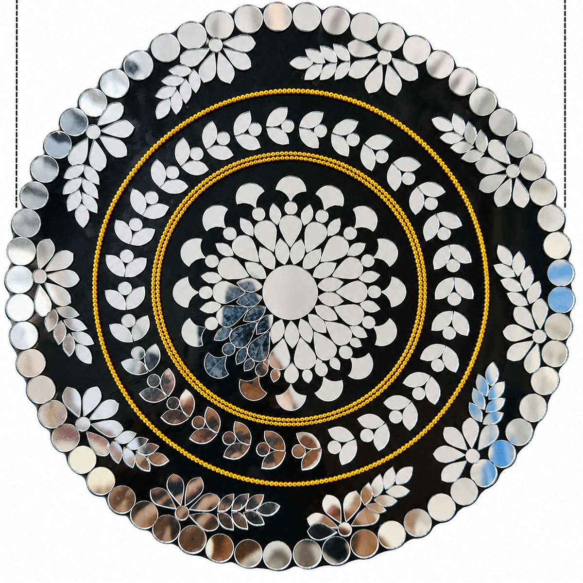 10 Inch Ready Made Round Mirror Rangoli on Transparent Sheet with Gold & Silver Ring Options--ST-86