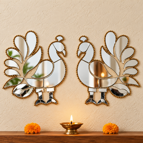 Ready-Made Peacock Pair Silver Mirror Décor Piece ST-67