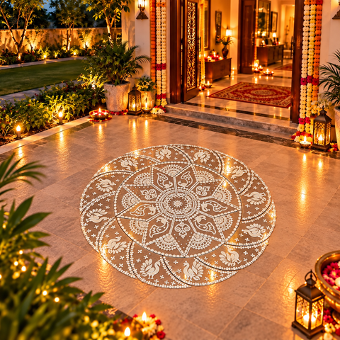 30 Inch DIY Mirror Rangoli Kit with Pre-Marked Transparent Sheet & Matching Mirror Pieces – Round Peacock Design