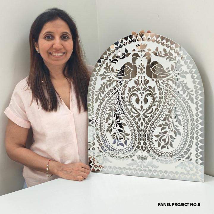White mirror MDF arch panel with peacock floral design, decorative handcrafted mirror art panel for wall décor and festive decoration.