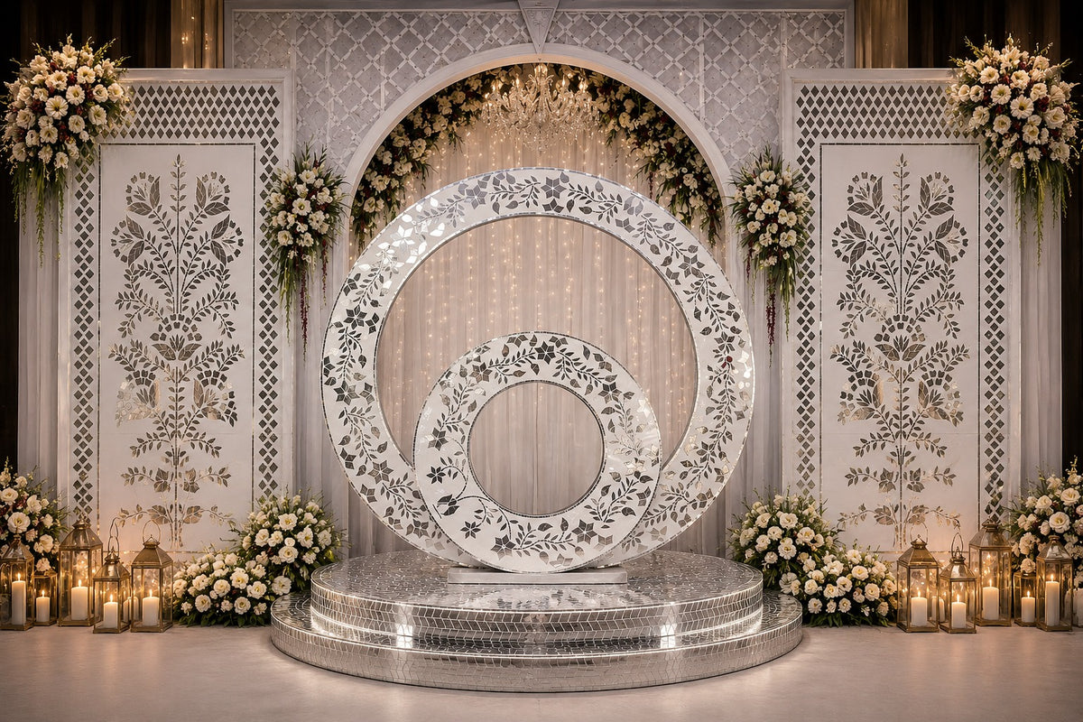 3 Piece Mirror Wedding Stage Backdrop Set with Round Rings & Floral Side Panels (only mirror & stencil)  -BAPS-9