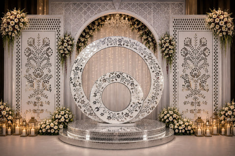 3 Piece Mirror Wedding Stage Backdrop Set with Round Rings & Floral Side Panels (only mirror & stencil)  -BAPS-9