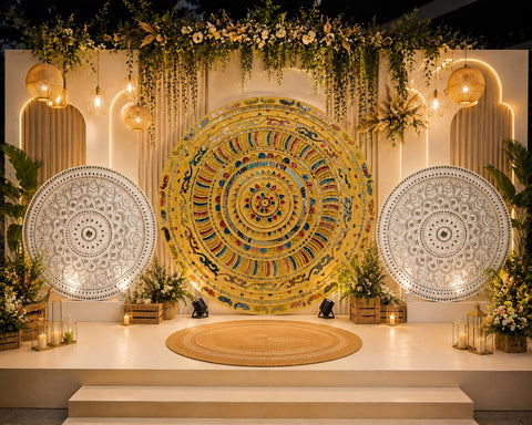 Round Shape Wall Decor Ready Piece with Mirror Work | Premium Event & Wedding Backdrop-BAPS-17