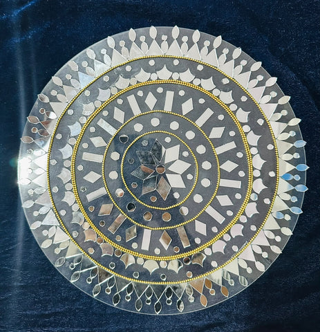 10 Inch Ready Made Round Mirror Rangoli on Transparent Sheet with Gold & Silver Ring Options--ST-87