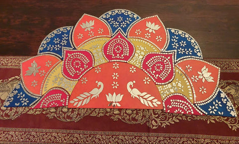 Half round MDF lotus layered backdrop design with peacock and floral artwork, decorative premarked board for Lippan art, mandir décor and DIY craft decoration.