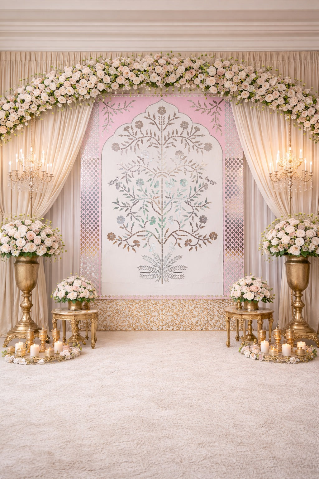 Elegant floral tree mirror wall panel with intricate silver mirror detailing and decorative geometric border design on a golden background.
