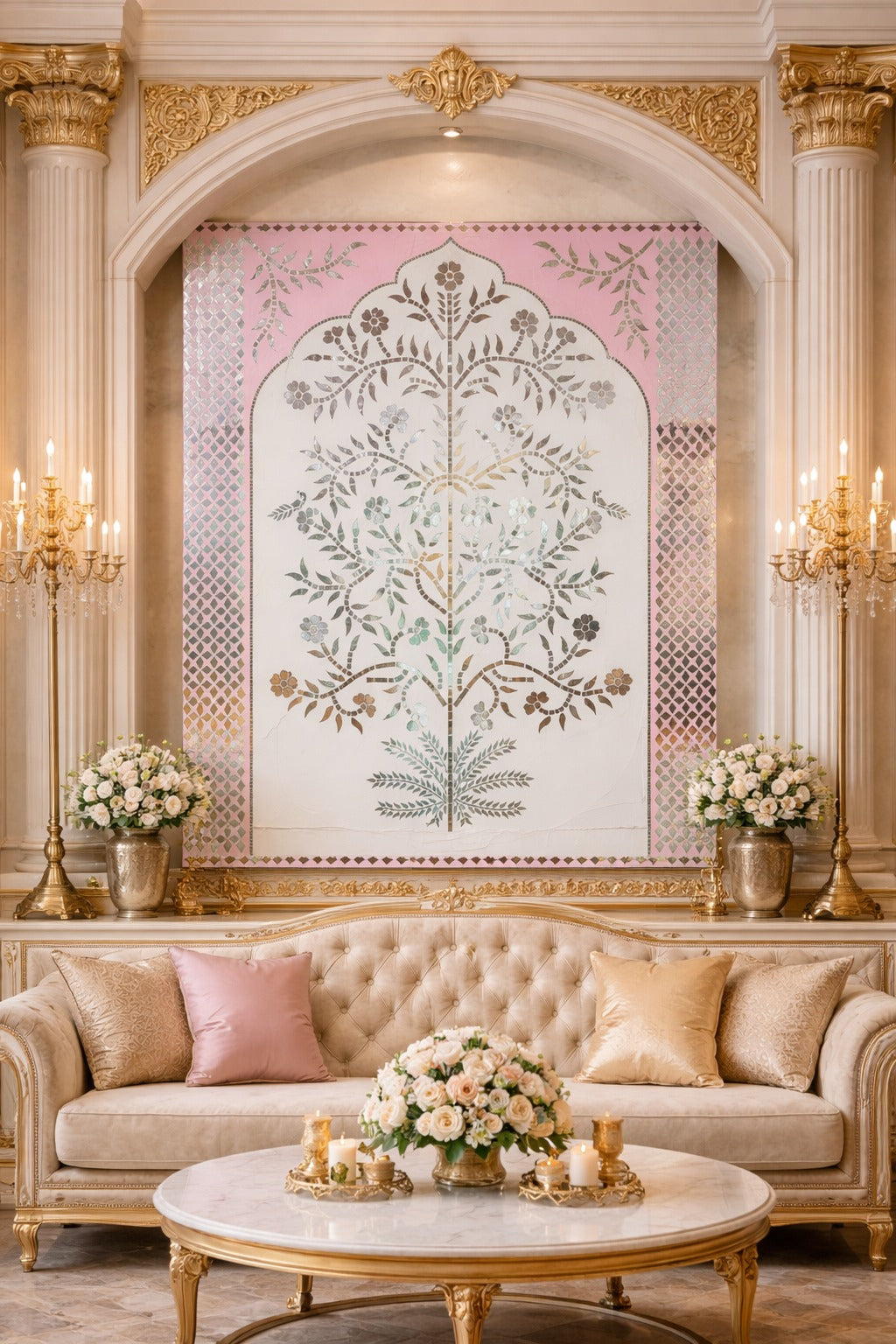 Traditional floral tree MDF design panel with intricate engraved detailing and decorative geometric border artwork.
