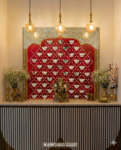 Silver mirror backdrop panel with repeating lotus pattern design and decorative arch shape for wedding stage and Lippan art wall décor.