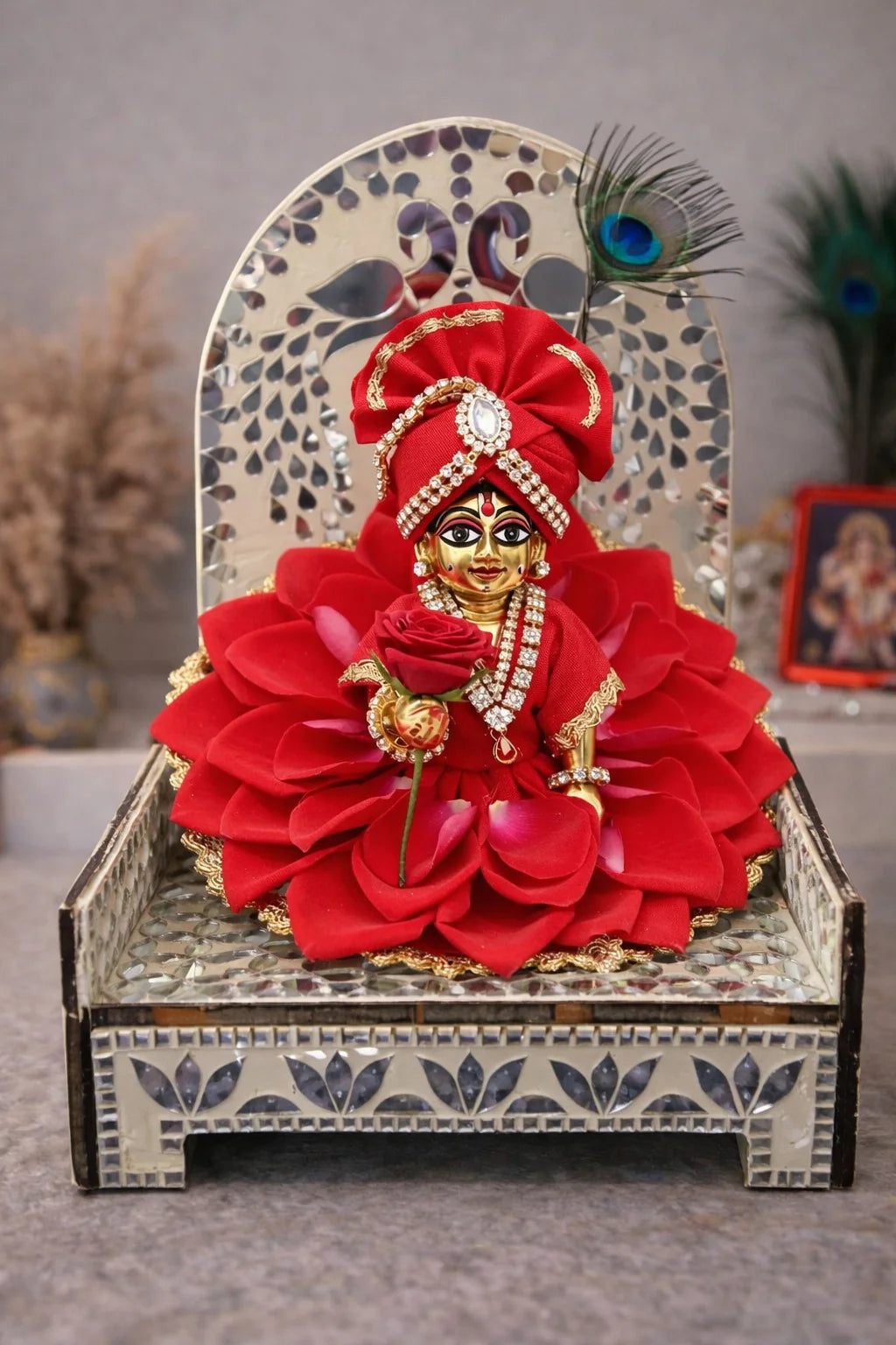 Peacock Lotus Mirror Work Mini Singhasan (Ready Piece) - BAPS-59