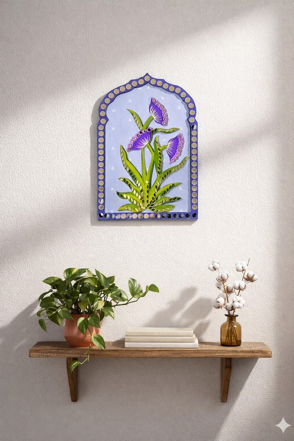 Arch shape MDF floral cutout with decorative leaf and flower design, perfect for Lippan art, mirror work, wall decor and handmade DIY craft projects.
