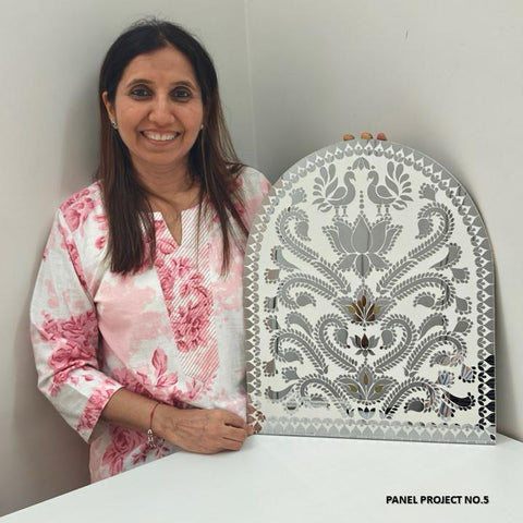White mirror MDF arch panel with peacock floral design, decorative handcrafted mirror art panel for wall décor and festive decoration.