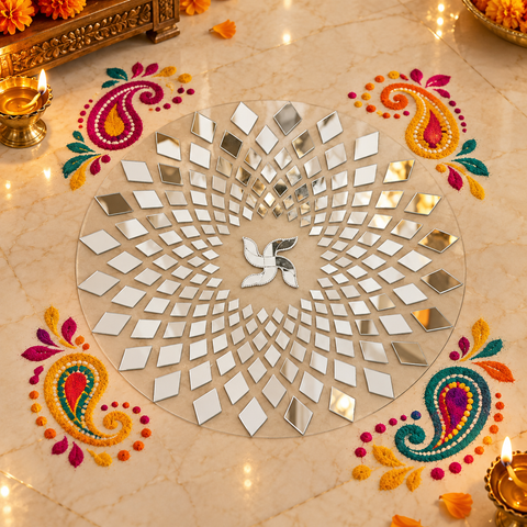 Ready to Use Round Mirror Rangoli on Transparent Sheet – Geometric Silver Mirror Design for Home & Festive decor ST-98