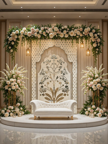 Traditional floral mirror arch panel with elegant peacock and lotus detailing in silver mirror artwork on a premium decorative layout.
