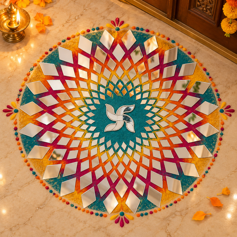 Ready to Use Round Mirror Rangoli on Transparent Sheet – Geometric Silver Mirror Design for Home & Festive decor ST-98