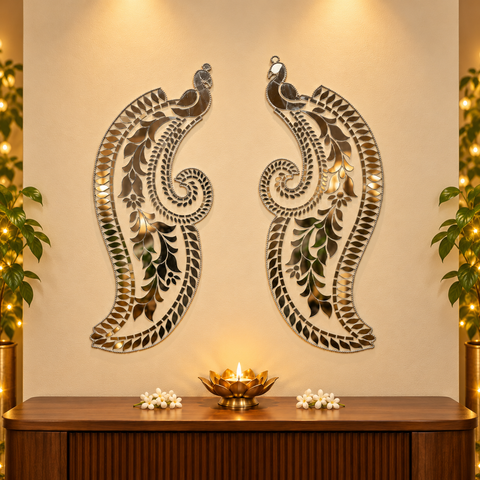 11.5 x 7 Inch Peacock Pair Mirror Patch | Decorative Mirror Design for Rangoli, Wall & Festive Décor  ST-105
