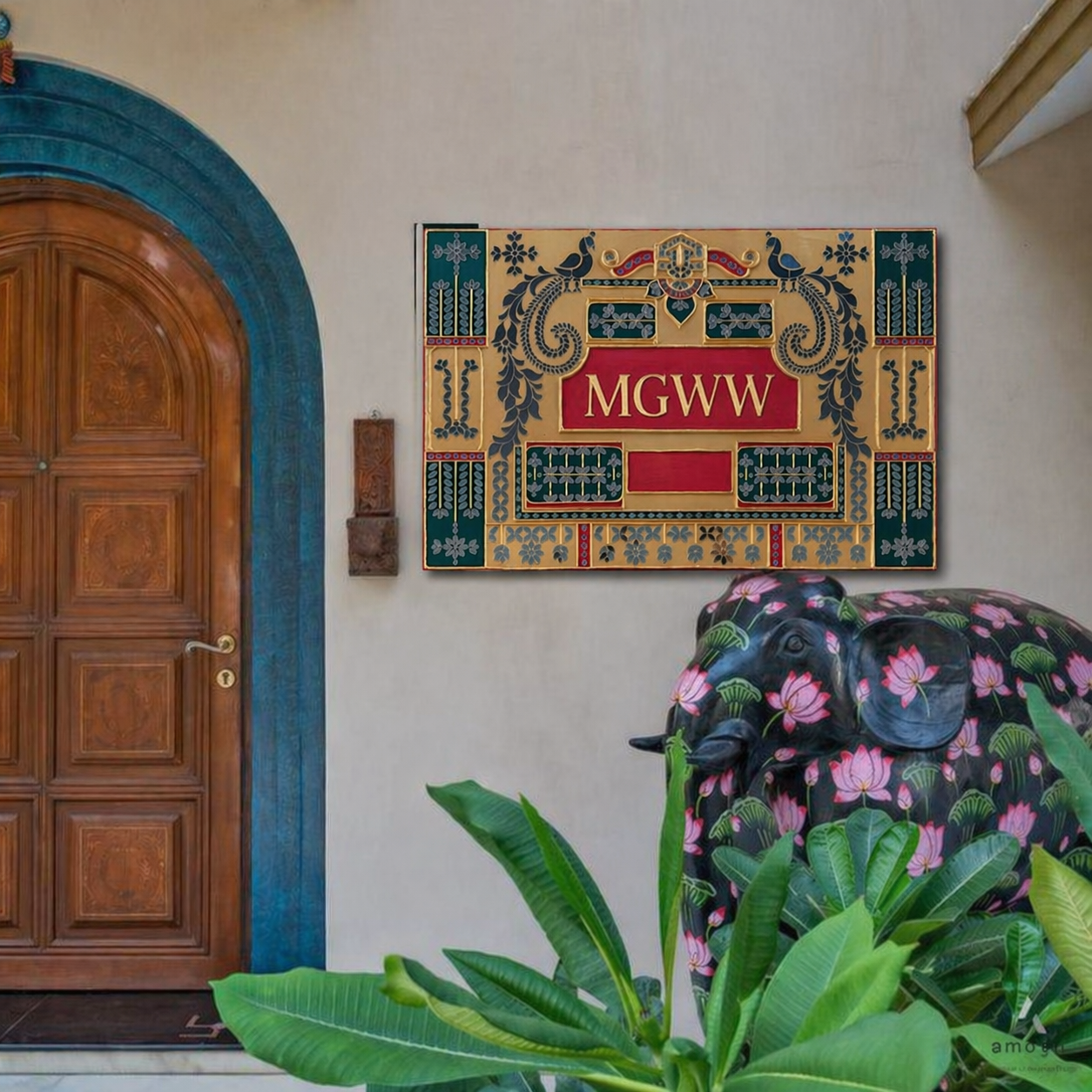 Premium peacock jharokha MDF name plate with mirror work, perfect for home entrance décor and custom name boards. Traditional design with detailed patterns, ideal for adding a unique and artistic touch to your space.

