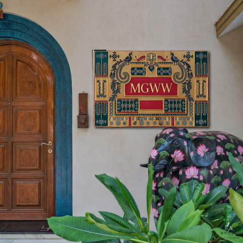 Premium peacock jharokha MDF name plate with mirror work, perfect for home entrance décor and custom name boards. Traditional design with detailed patterns, ideal for adding a unique and artistic touch to your space.
