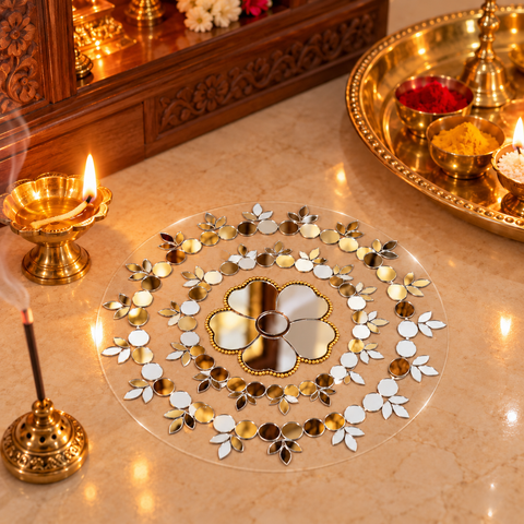 Ready-Made Floral Mirror Rangoli on Transparent Sheet ST-107