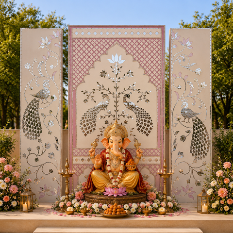 Peacock Lotus Jharokha Mirror Work 3 Panel Backdrop(Ready Piece) - BAPS-43
