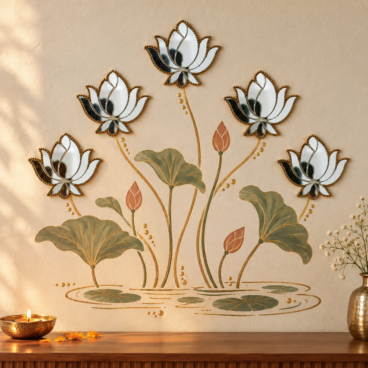 Ready-Made Silver Mirror Lotus Wall Décor Piece ST-65