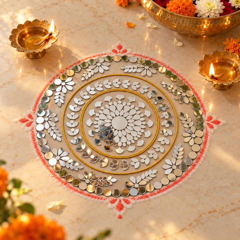 10 Inch Ready Made Round Mirror Rangoli on Transparent Sheet with Gold & Silver Ring Options ST-88