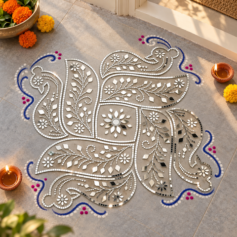 Paisley Design Transparent Sheet with Silver Mirrors for DIY Rangoli & Festive Décor--1803