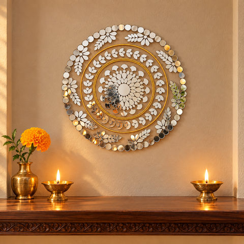 10 Inch Ready Made Round Mirror Rangoli on Transparent Sheet with Gold & Silver Ring Options ST-88