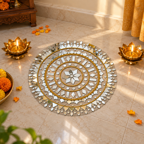 10 Inch Ready Made Round Mirror Rangoli on Transparent Sheet with Gold & Silver Ring Options--ST-87