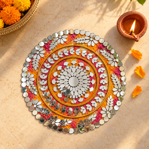 10 Inch Ready Made Round Mirror Rangoli on Transparent Sheet with Gold & Silver Ring Options ST-88