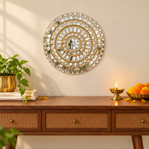 10 Inch Ready Made Round Mirror Rangoli on Transparent Sheet with Gold & Silver Ring Options--ST-87